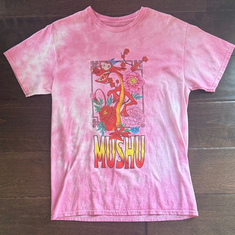 Womens Disney Pink Tie Dye Mushu Mulan Short Sleeve Tee
